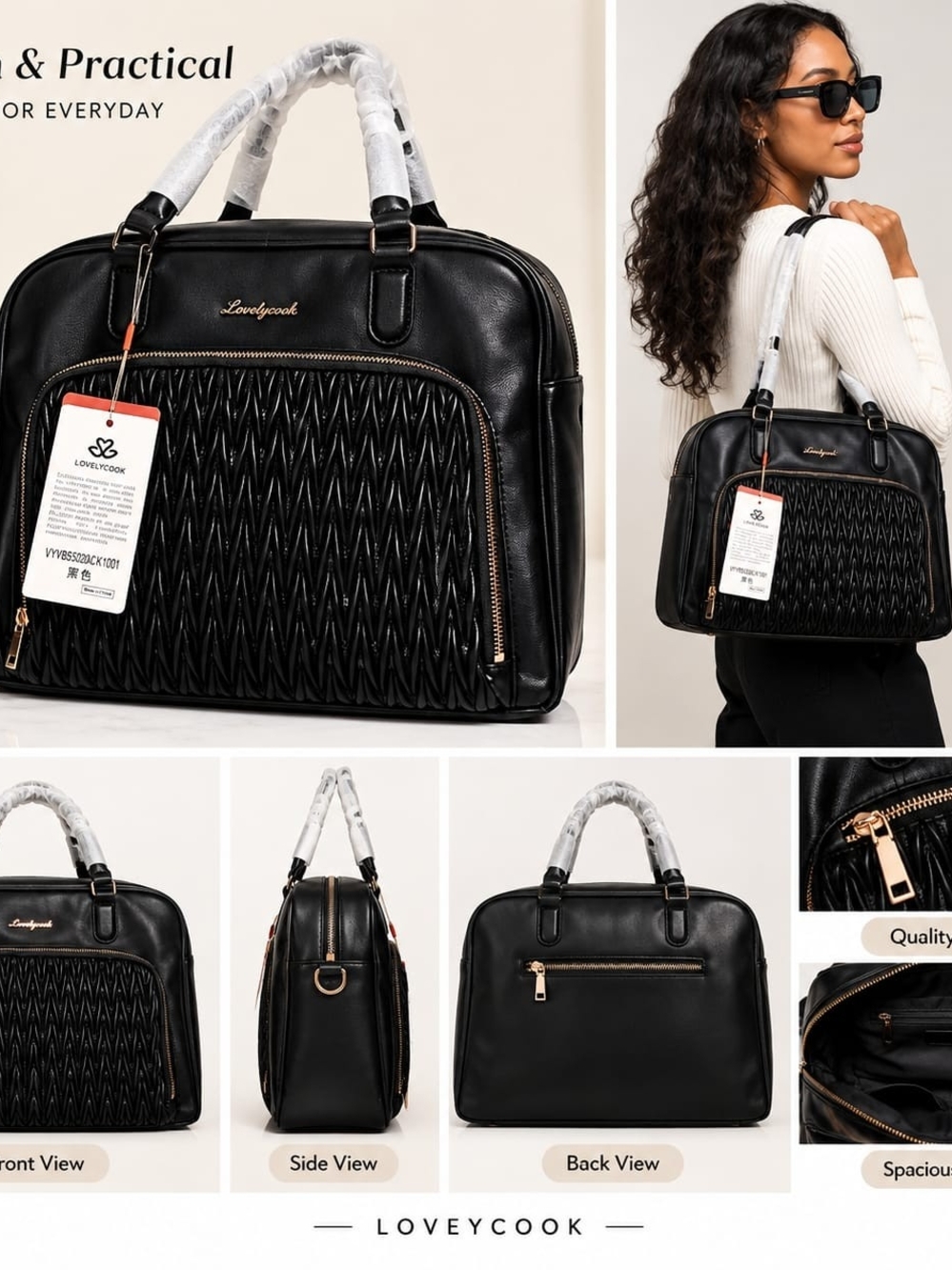 Black Quilted Laptop Tote for Women